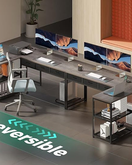 AODK 53 Inch L Shaped Computer Desk with Drawers, Corner Desk with Power Outlets & Reversible Storage Shelves, Movable CPU Stand for Home Office Gaming, Oak Grey - LeafyLoom