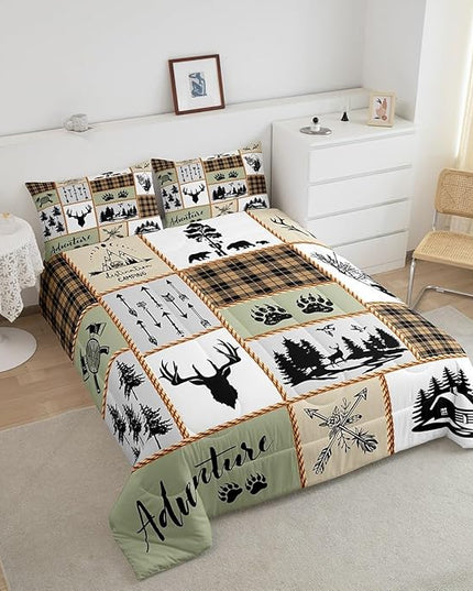 Camper Adventure Kids Comforter Set Full Size,Deer Antlers Bear Paws Farmhouse Bedding Set for Boys Girls Adults Room Decor,Arrows Plaids Patchwork Down Comforter,Rustic Duvet Insert,2 Pillowcases - LeafyLoom