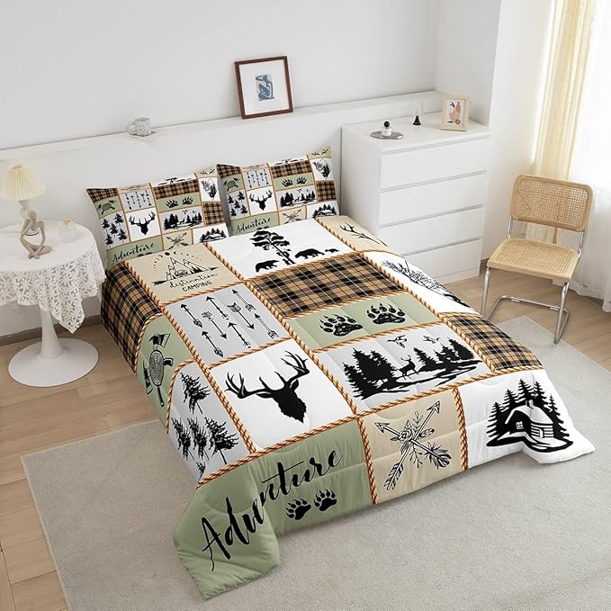 Camper Adventure Kids Comforter Set Full Size,Deer Antlers Bear Paws Farmhouse Bedding Set for Boys Girls Adults Room Decor,Arrows Plaids Patchwork Down Comforter,Rustic Duvet Insert,2 Pillowcases - LeafyLoom