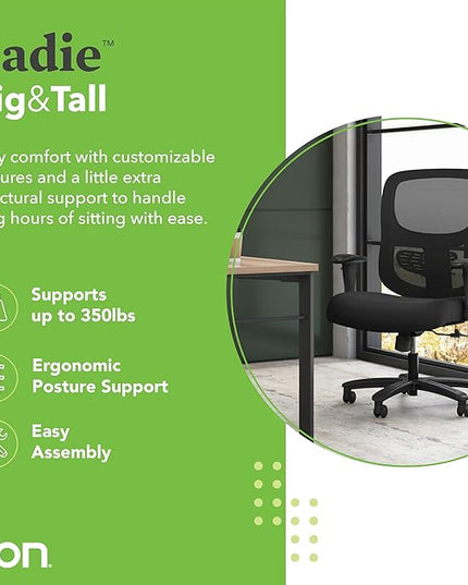 HON Sadie Big and Tall Office Chair, Ergonomic Office Chair with Mesh Back, Lumbar Support, Home Office Desk Chairs, 400 lb Max, Black - LeafyLoom