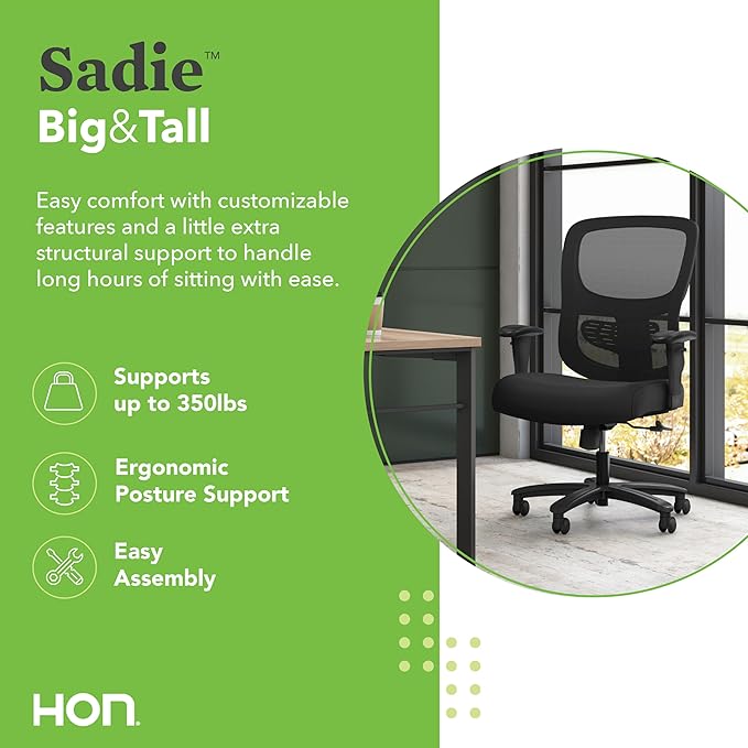 HON Sadie Big and Tall Office Chair, Ergonomic Office Chair with Mesh Back, Lumbar Support, Home Office Desk Chairs, 400 lb Max, Black - LeafyLoom