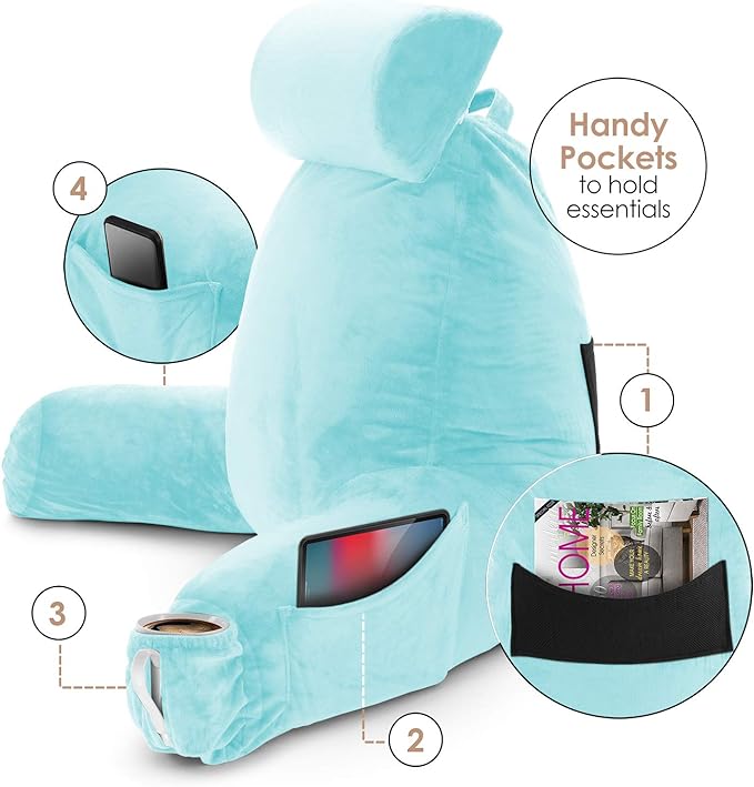 Clara Clark Reading Pillow, Large Back Pillow for Sitting Up in Bed, Memory Foam Back Support Pillow, Reading Pillows for Sitting in Bed Adult, Light Blue Sit Up Pillow for Bed with Arms and Pockets - LeafyLoom