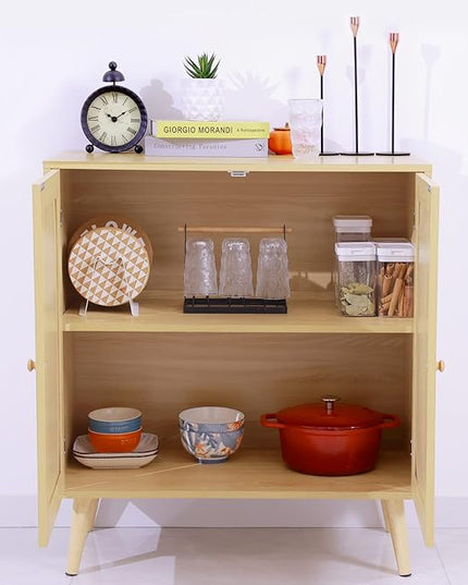 Sideboard Buffet Cabinet with Storage, Kitchen Storage Cabinet with Rattan Doors, Rattan Cabinet with Adjustable Shelves for Hallway, Living Room, 31.5 x 15.7 x 35 Natural, Assemble Easily - LeafyLoom