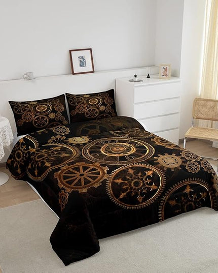 Golden Ndustrial Gear Comforter Set Twin Size Steampunk Style Bedding Set Clocks Theme Bedding Sets & Collections For Kids Boys Teens Men Mechanical Device Quilt Set,Retro Style Bedroom Decor - LeafyLoom