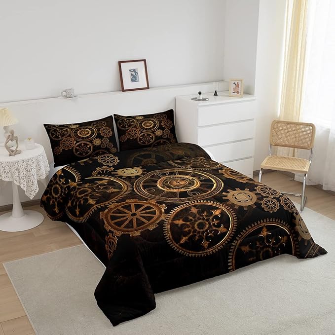 Golden Ndustrial Gear Comforter Set Twin Size Steampunk Style Bedding Set Clocks Theme Bedding Sets & Collections For Kids Boys Teens Men Mechanical Device Quilt Set,Retro Style Bedroom Decor - LeafyLoom