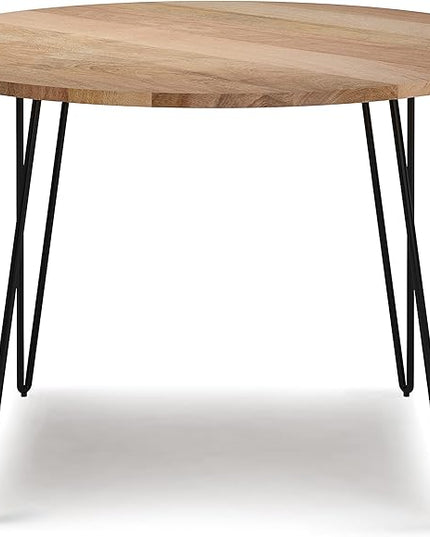 SIMPLIHOME Hunter SOLID MANGO WOOD and Iron 45 Inch Round Industrial Dining Table in Natural, For the Dining Room - LeafyLoom