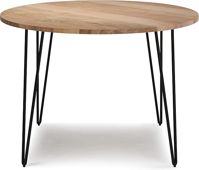SIMPLIHOME Hunter SOLID MANGO WOOD and Iron 45 Inch Round Industrial Dining Table in Natural, For the Dining Room - LeafyLoom
