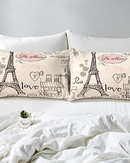 Feelyou Eiffel Tower Comforter Set Paris Tower Comforter for Girls Romantic Rose Chic Paris Bedding Set Paris Cityscape Printed Heart Love Duvet Set Room Decor Quilt King Boys - LeafyLoom