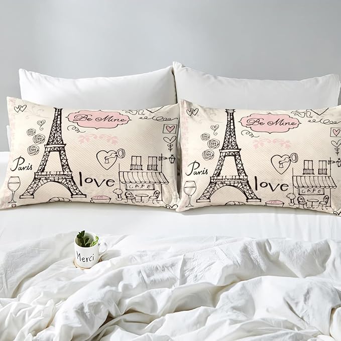 Feelyou Eiffel Tower Comforter Set King Paris Tower Comforter for Girls Romantic Rose Chic Paris Bedding Set Paris Cityscape Printed Heart Love Duvet Set Room Decor Quilt Boys - LeafyLoom