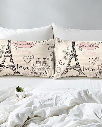 Feelyou Eiffel Tower Comforter Set King Paris Tower Comforter for Girls Romantic Rose Chic Paris Theme Bedding Set Paris Cityscape Printed Heart Love Duvet Set Room Decor Quilt Set Twin - LeafyLoom