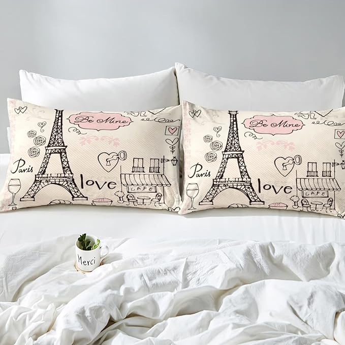 Feelyou Eiffel Tower Comforter Set King Paris Tower Comforter for Girls Romantic Rose Chic Paris Theme Bedding Set Paris Cityscape Printed Heart Love Duvet Set Room Decor Quilt Set Twin - LeafyLoom