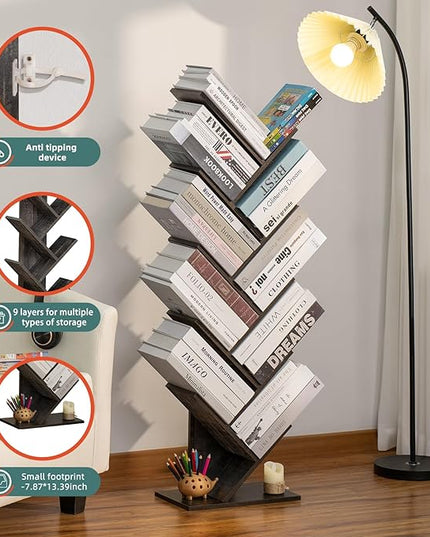 10 Tier Tree Book Shelf, Floor Standing Wood Bookshelf for Narrow Space, Storage Organizer Bookshelves for Books/CDs/Magazine, Bookcase with Shelves for Home Office, Living Room - Dark Grey - LeafyLoom