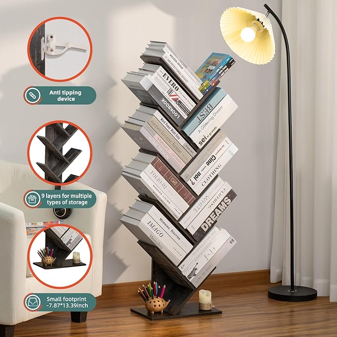 10 Tier Tree Book Shelf, Floor Standing Wood Bookshelf for Narrow Space, Storage Organizer Bookshelves for Books/CDs/Magazine, Bookcase with Shelves for Home Office, Living Room - Dark Grey - LeafyLoom