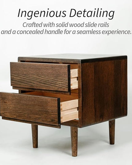 Night Stand, Mid Century Modern Nightstand w/2 Drawers, Boho Nightstand, Small Nightstand, Oak Bedroom Nightstand, Solid Wood Bedside Table, 17.72 W x 15.75 D x 19.69 H Inches(Walnut) - LeafyLoom