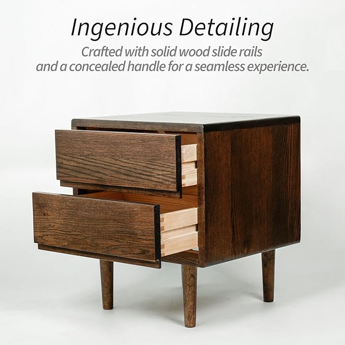 Night Stand, Mid Century Modern Nightstand w/2 Drawers, Boho Nightstand, Small Nightstand, Oak Bedroom Nightstand, Solid Wood Bedside Table, 17.72 W x 15.75 D x 19.69 H Inches(Walnut) - LeafyLoom