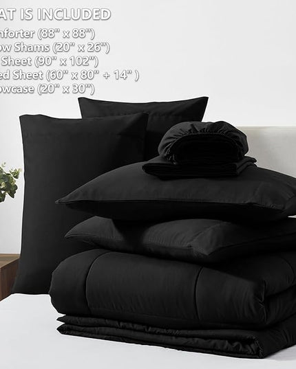 CozyLux Queen Comforter Set - 7 Pieces Bed in a Bag Set Black Queen, Complete Bedding Sets Bed Set for All Season with Comforter, Flat Sheets, Fitted Sheet, Pillowcases & Shams - LeafyLoom