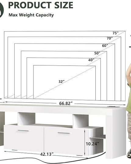 Clikuutory Modern LED White 67 inch TV Stand with Power Outlet and Large Storage for 40 50 55 60 65 70 75 Inch TVs, Wood TV Console with High Glossy Entertainment Center for Living Room, Bedroom - LeafyLoom
