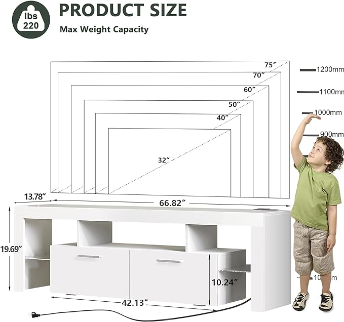 Clikuutory Modern LED White 67 inch TV Stand with Power Outlet and Large Storage for 40 50 55 60 65 70 75 Inch TVs, Wood TV Console with High Glossy Entertainment Center for Living Room, Bedroom - LeafyLoom