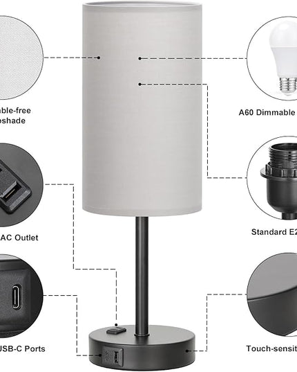 Touch Bedroom Lamp - Grey, 3-Way Dimmable, USB A + C Charging, AC Outlet, 17.4inch Medium - LeafyLoom