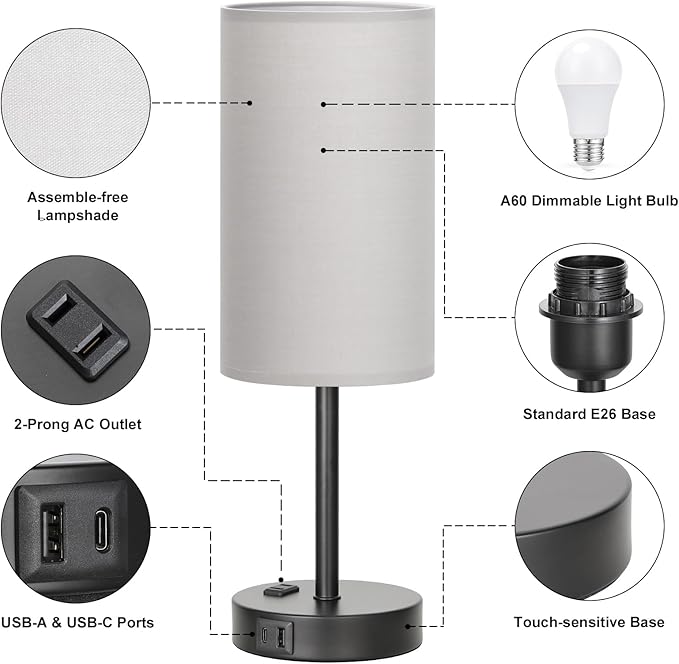 Touch Bedroom Lamp - Grey, 3-Way Dimmable, USB A + C Charging, AC Outlet, 17.4inch Medium - LeafyLoom