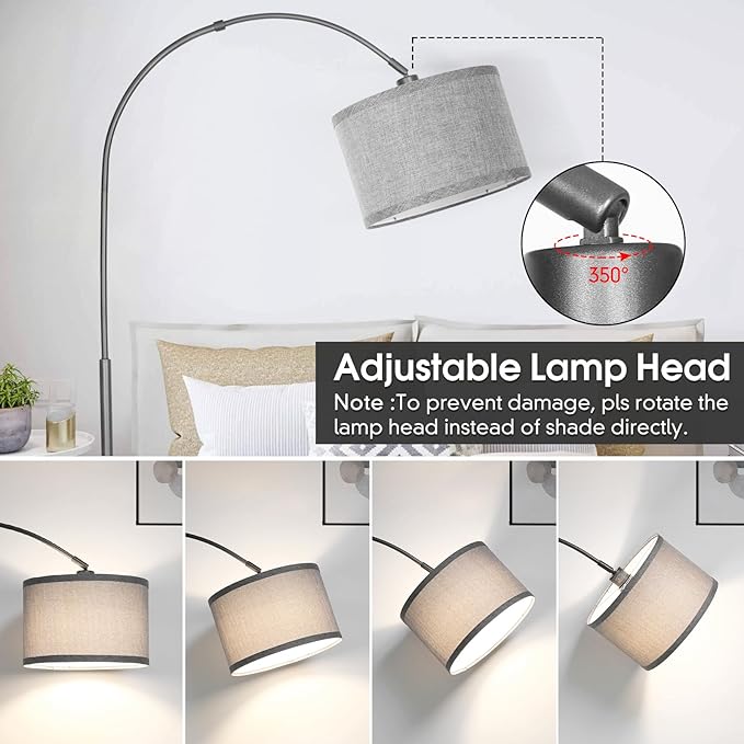 Arc Floor Lamp with Dimmer, Dimmable Floor Lamp for Living Room, Modern Standing Lamp with Gray Adjustable Hanging Shade, Tall Pole Lamp Reading Light for Bedroom, Over Couch, 9W LED Bulb Included - LeafyLoom
