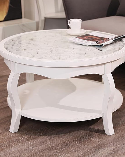 FINECASA Round White Coffee Table, 33.7x19 inches, Glass Top, Vintage Boho Design, Wood, White Patterned - LeafyLoom