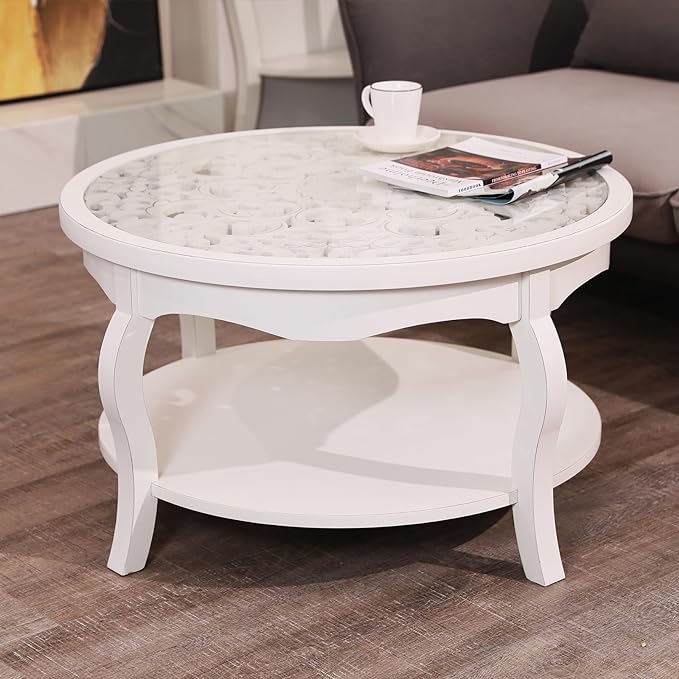FINECASA Round White Coffee Table, 33.7x19 inches, Glass Top, Vintage Boho Design, Wood, White Patterned - LeafyLoom