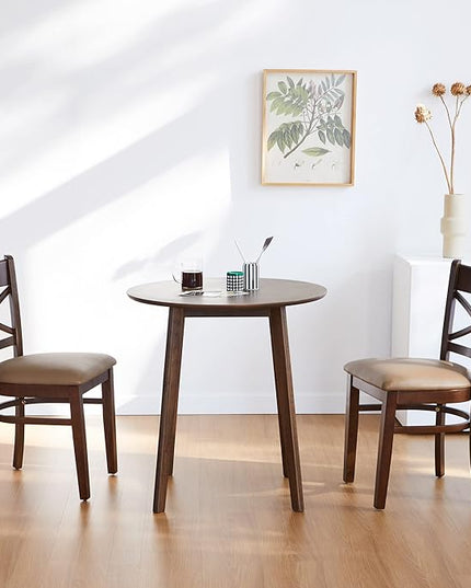 Livinia Heart X-Back Dining Chair Set of 2, Solid Malaysian Oak PU Leather Upholstered Cushion Seat Wooden Cross Back Side Chairs (Walnut) - LeafyLoom