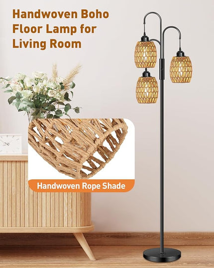AKASUKI 3 Lights Artificial Rattan Floor Lamps for Living Room, Metal Standing Lamp with Handmade Rope Lampshades, Stepless Dimmable Boho Floor Lamp for Living Room Bedroom, 3 PCS 6W Bulbs Included - LeafyLoom