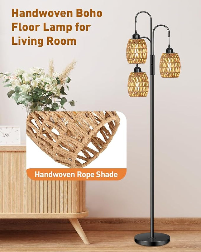 AKASUKI 3 Lights Artificial Rattan Floor Lamps for Living Room, Metal Standing Lamp with Handmade Rope Lampshades, Stepless Dimmable Boho Floor Lamp for Living Room Bedroom, 3 PCS 6W Bulbs Included - LeafyLoom