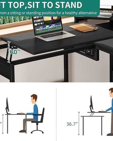 YITAHOME L Shaped Desk with File Drawer, 65" Large Computer Desk Corner Desk with Lift Top, Standing Desk Height Adjustable with Monitor Stand & Storage Shelves for Home Office, Black - LeafyLoom