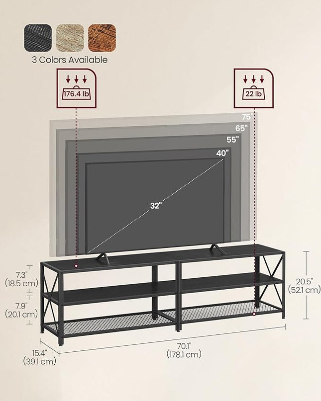 VASAGLE TV Stand, TV Console for TVs Up to 75 Inches, TV Table, 70.1 Inches Width, TV Cabinet with Storage Shelves, Steel Frame, for Living Room, Bedroom, Black with Wood Grain ULTV096B22 - LeafyLoom