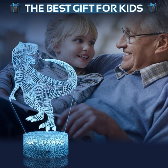 LETOUR Night Light for Kids Dinosaur 3D Night Light Porpoise Illusion Lamp with Remote Control 16 Color Changing Xmas Halloween Birthday Gift for Child Baby Boy (Remote - Ice Crack Base) - LeafyLoom