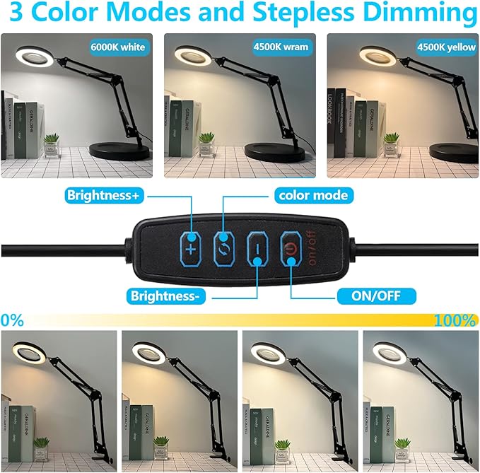 5X Magnifying Glass with Light and Stand, KIRKAS 2-in-1 Real Glass Lens Magnifying Desk Lamp with Clamp, 3 Color Modes, Stepless Dimmable Magnifier Light for Close Work Repair Reading Crafts- Black - LeafyLoom