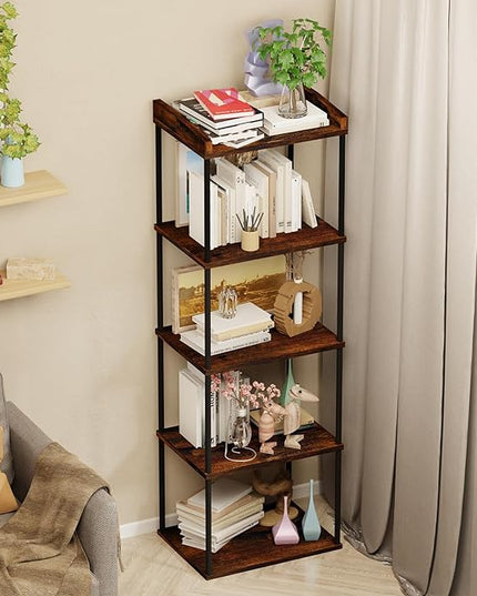5-Tier Narrow Book Shelf, Tall Industrial Wood Bookcase, Vintage Storage Rack and Standing Bookshelves Display Rack for Home Office, Living Room, Bedroom, Kitchen, Rustic Brown - LeafyLoom