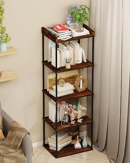 5-Tier Narrow Book Shelf, Tall Industrial Wood Bookcase, Vintage Storage Rack and Standing Bookshelves Display Rack for Home Office, Living Room, Bedroom, Kitchen, Rustic Brown - LeafyLoom