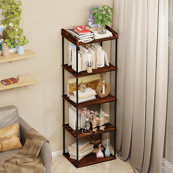 5-Tier Narrow Book Shelf, Tall Industrial Wood Bookcase, Vintage Storage Rack and Standing Bookshelves Display Rack for Home Office, Living Room, Bedroom, Kitchen, Rustic Brown - LeafyLoom