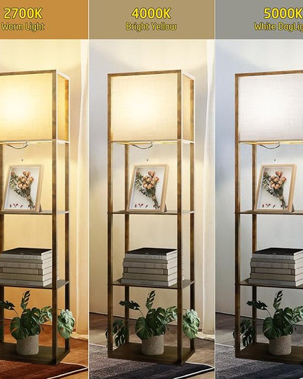 Floor Lamp with Shelves Plus, 4-Tier Modern 2700 4000K 5000K Brown Shelf Floor Lamp, Display Lamp for Living Room Bedroom Office 15W LED Bulb. - LeafyLoom