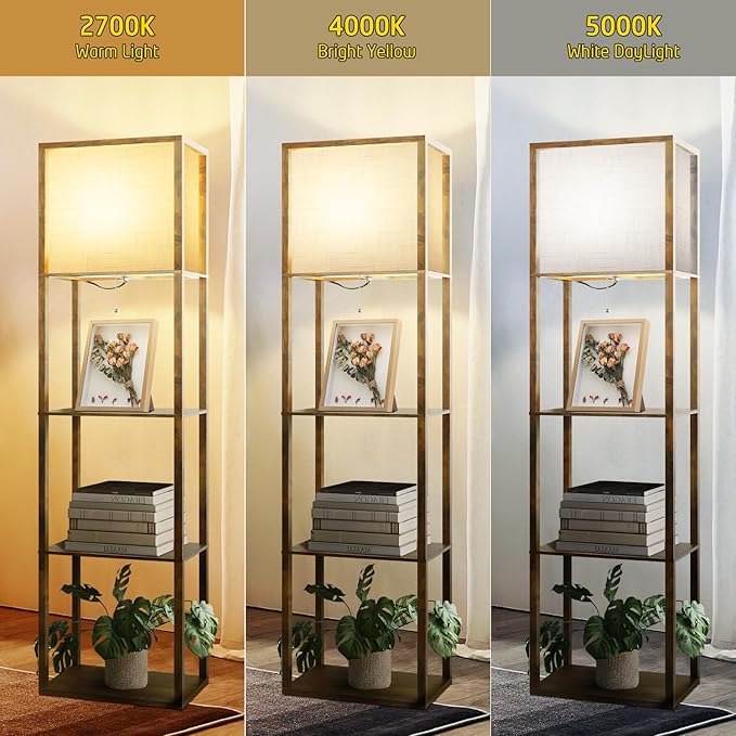 Floor Lamp with Shelves Plus, 4-Tier Modern 2700 4000K 5000K Brown Shelf Floor Lamp, Display Lamp for Living Room Bedroom Office 15W LED Bulb. - LeafyLoom