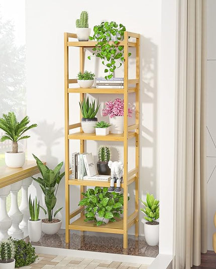 Homykic Bamboo Bookshelf, 5-Tier Narrow 55.9” Adjustable Book Shelf Bookcase Bathroom Shelves Freestanding Storage Stand for Living Room, Bedroom, Kitchen, Rust Resistance, Easy Assembly, Natural - LeafyLoom