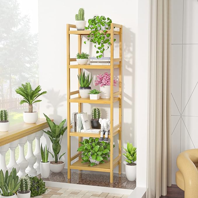 Homykic Bamboo Bookshelf, 5-Tier Narrow 55.9” Adjustable Book Shelf Bookcase Bathroom Shelves Freestanding Storage Stand for Living Room, Bedroom, Kitchen, Rust Resistance, Easy Assembly, Natural - LeafyLoom