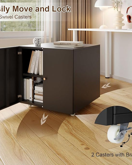 Mobile Mobile Printer Stand with Storage, Lateral Filing Cabinet with Adjustable Shelf, Under Desk Black Small Rolling Printer Table Work Cart with Wheels Organizer Spaces for Office - LeafyLoom