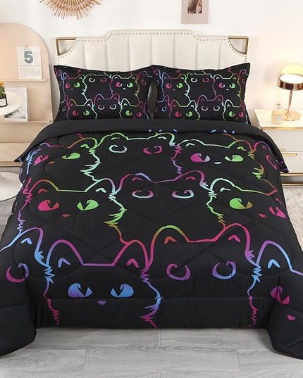 ENCOFT Cat Comforter Set Queen for Girls and Boys Premium 3 Piece Cats Bedding Set Black Comfortable and Breathable for Teens and Adults with 1 Comforter and 2 Pillowcases - LeafyLoom