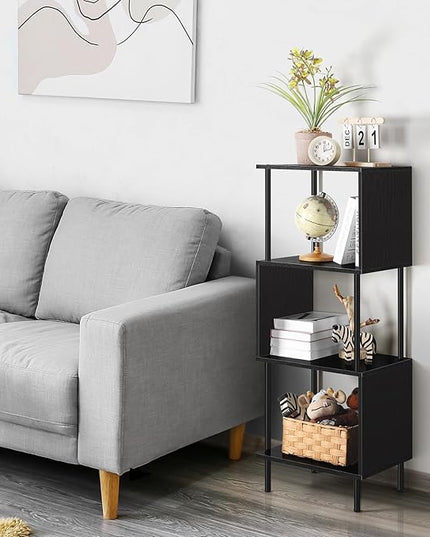 ETELI Small Bookshelf Unique S Shaped 4 Shelf Bookcase Free Standing Industrial Book Storage Shelves for Living Room, Bedroom, and Home Office, Rustic Book Organizer & Metal Frame - LeafyLoom