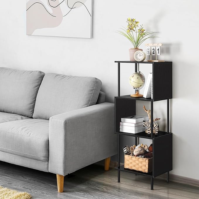 ETELI Small Bookshelf Unique S Shaped 4 Shelf Bookcase Free Standing Industrial Book Storage Shelves for Living Room, Bedroom, and Home Office, Rustic Book Organizer & Metal Frame - LeafyLoom