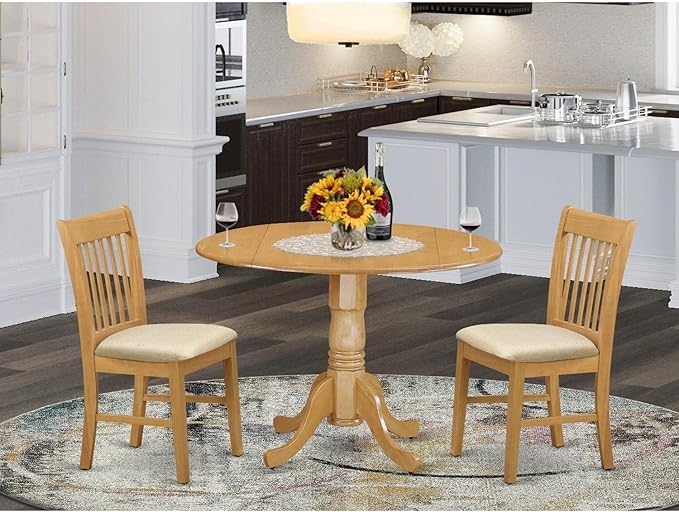 East West Furniture Dublin 3 Piece Room Furniture Set Contains a Round Kitchen Table with Dropleaf and 2 Linen Fabric Upholstered Dining Chairs, 42x42 Inch, DLNO3-OAK-C - LeafyLoom