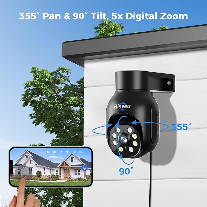 Hiseeu Security Camera Wireless Outdoor, 5MP Color Night Vision WiFi Surveillance Camera Pan/Tilt with Motion Detection/Siren/Light Alarm, 2-Way Audio, IP66 Weatherproof, Work with Echo Show Black Hiseeu