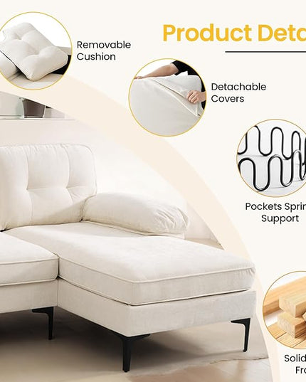 COHOME L-Shaped Couch for Living Room, Chenille Upholstered Couch with Reversible Chaise, Apartment Couch with Deep Seat,Washable Cover,Beige White - LeafyLoom