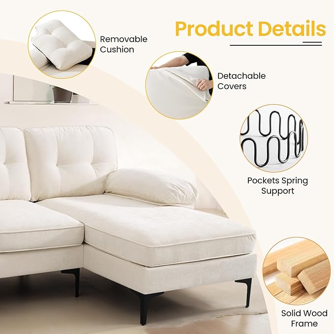 COHOME L-Shaped Couch for Living Room, Chenille Upholstered Couch with Reversible Chaise, Apartment Couch with Deep Seat,Washable Cover,Beige White - LeafyLoom