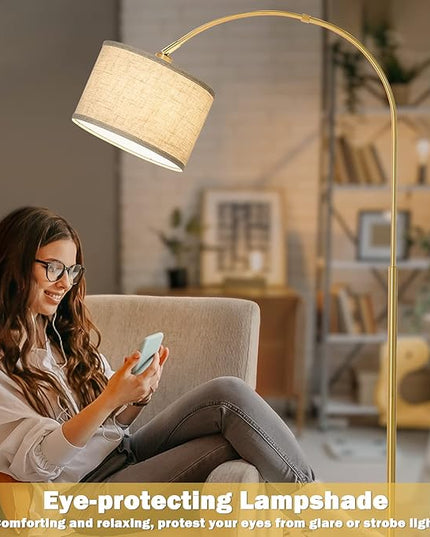Gold Arc Floor Lamp, Dimmable Floor Lamp for Living Room, Mordern Standing Lamp with Adjustable Lamp Head, Tall Pole Lamp Over Couch Arched Light for Reading, Bedroom, Office, 9W LED Bulb Included - LeafyLoom